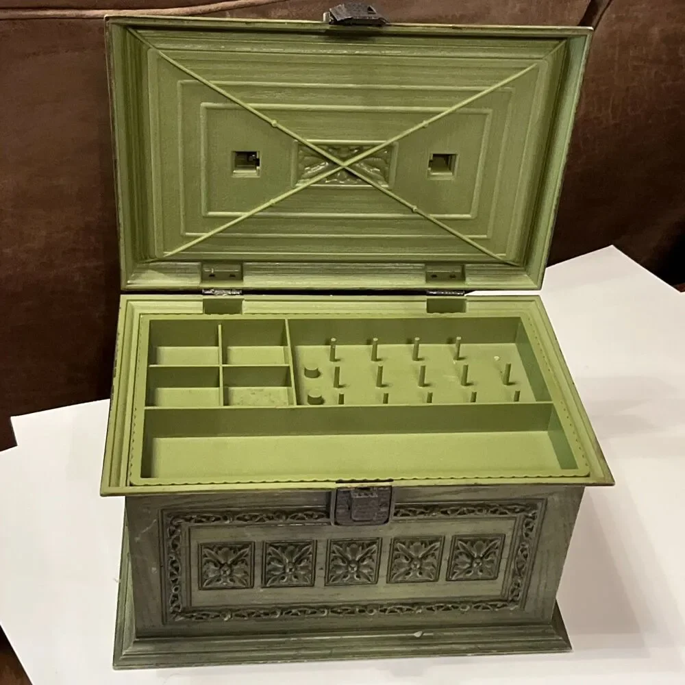 Vintage 60s Max Klein Avocado Green Plastic Sewing Box With SC-1280 Tray+Content